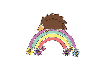 Obraz premium Continuous line drawing of spiky cute little hedgehog lies content on a rainbow with flowers blooming at both ends. Woodland animal concept great for forest themed nursery set, stationery or storybook