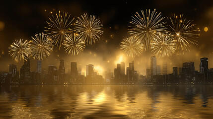 Spectacular Urban Skyline Illuminated by Vibrant Fireworks at Midnight with Golden Glow and Reflections on Water Surface