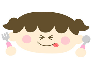 ゆるい可愛い子供の女の子がスプーンとフォークを持っているイラスト