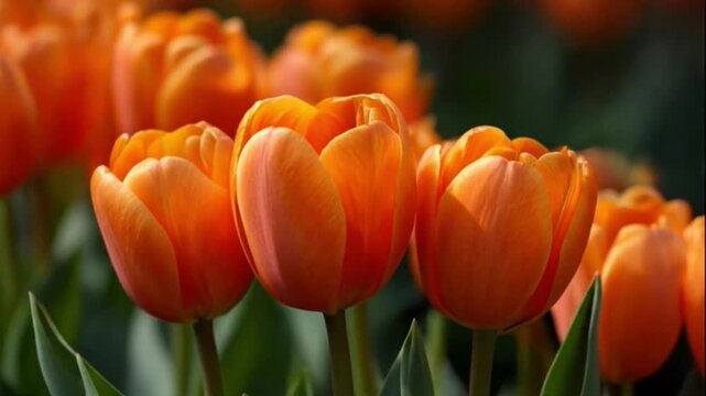 A captivating close-up showcases a cluster of vivid orange tulips, basking in natural light. The delicate petals reveal intricate textures and warm hues, creating a visually striking display. Green fo