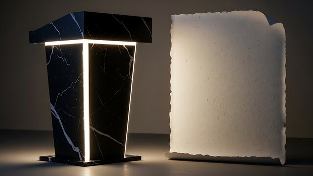 Black Marble Pulpit with Illuminated Panel and Torn Paper Texture Backdrop
