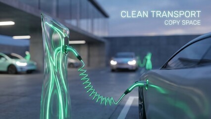 Electric vehicle charging station with cars parked nearby Clean energy Copy space