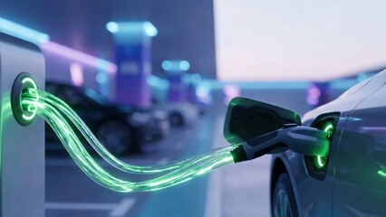 Electric car charging station with glowing green energy cables connected to a vehicle