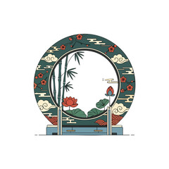 Elegant Chinese Moon Gate Graphic Bamboo and Lotus Flowers Design