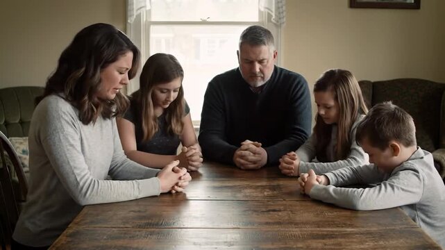 Family praying together at a wooden table in their dining room