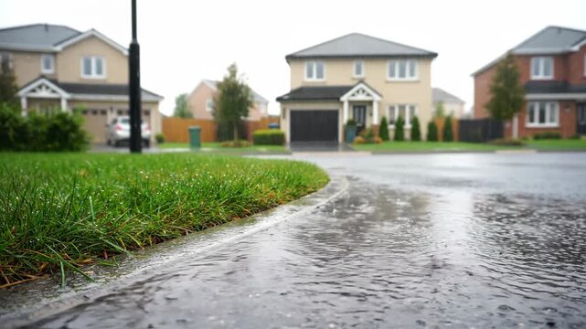 Suburban street flooded with heavy rain and water runoff.