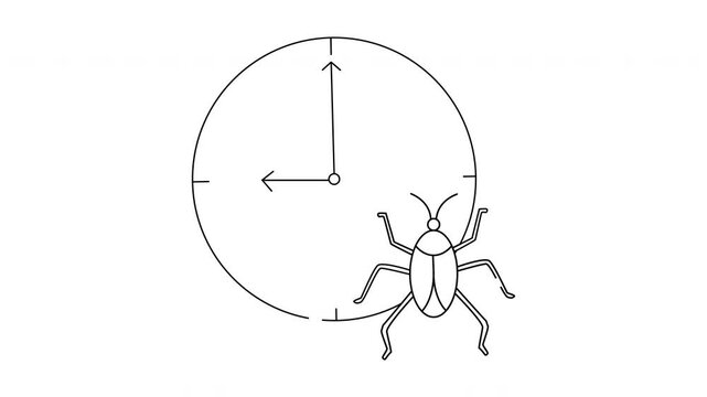 Clock shows 900 a bug sits to the right Simple blackandwhite line drawing