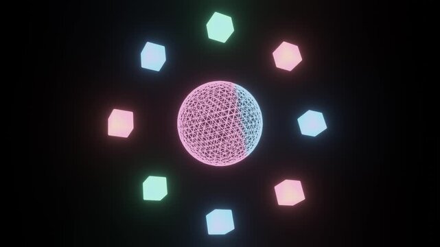 Futuristic Wireframe Sphere with Orbiting Neon Cubes - Seamless Loop 4K 60FPS Digital Core Background