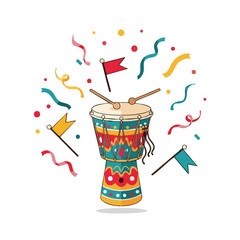 Festive Djembe Drum with Confetti and Flags