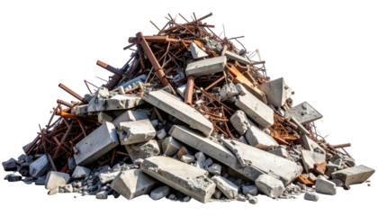 Heap of rubble showing shattered concrete and metal construction debris