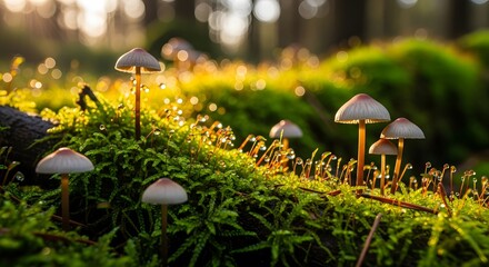 Tiny mushrooms with dew drops on mossy log in forest bokeh fungi small