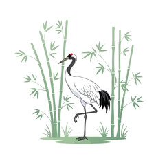 Red-crowned Crane standing among green bamboo stalks