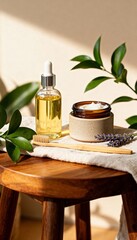Elegant Studio Photography of Natural Cosmetic Products on Wooden Stool with Organic Plants and Beautiful Light