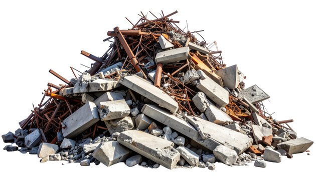 Heap of rubble showing shattered concrete and metal construction debris