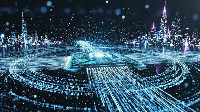 futuristic city data network flowing from glowing central microchip at night visualizing ai cloud computing and digital infrastructure