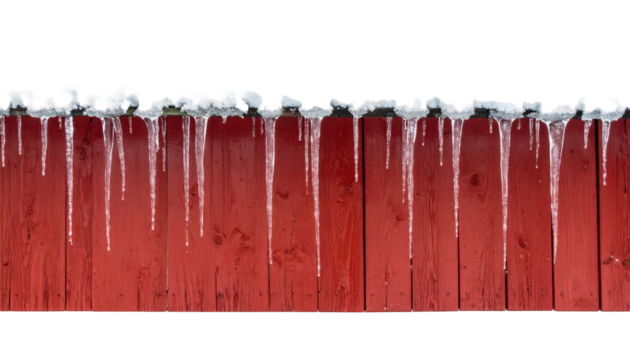 Red wooden fence with icicles hanging from the top against a black background - Powered by Adobe