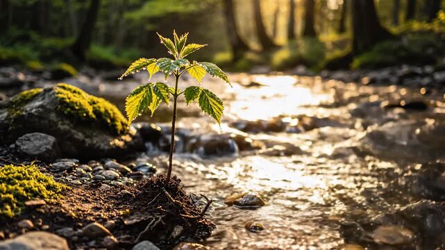Young sapling grows beside a sunlit forest stream in the Pacific Northwest.