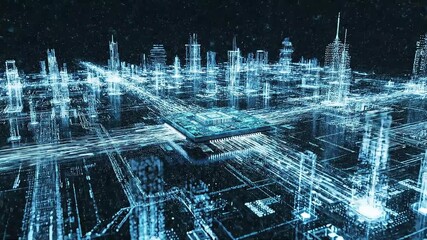 futuristic smart city circuit board with glowing processor core at night visualizing digital infrastructure data networks and ai technology - Powered by Adobe