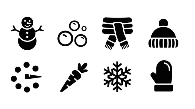 A collection of black silhouette icons representing various winter elements and activities, including a snowman, scarf, hat, snowflake, and mittens.