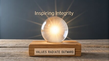 Inspirational Glass Sphere on Wooden Base with Text About Integrity and Values Radiating Outward in Bright Light