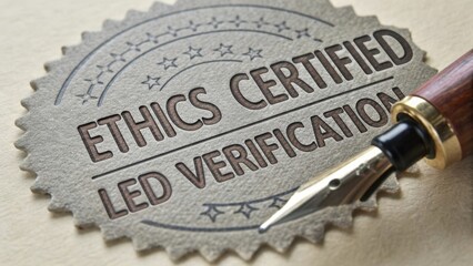 Ethics Certified Seal with Fountain Pen on Light Background for Led Verification in Professional Setting
