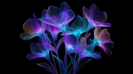 Fototapeta premium Glowing, ethereal, neon flowers with delicate, translucent petals on black