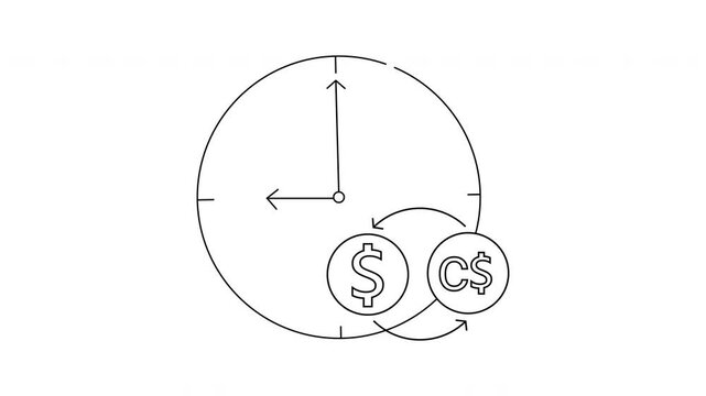 Clock with US  Canadian currency signs bidirectional arrow exchange implied