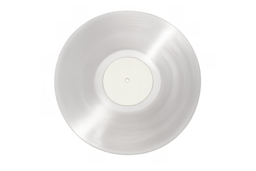 Clear vinyl record with blank white label, reflecting light, transparent plastic music disc for audio playback