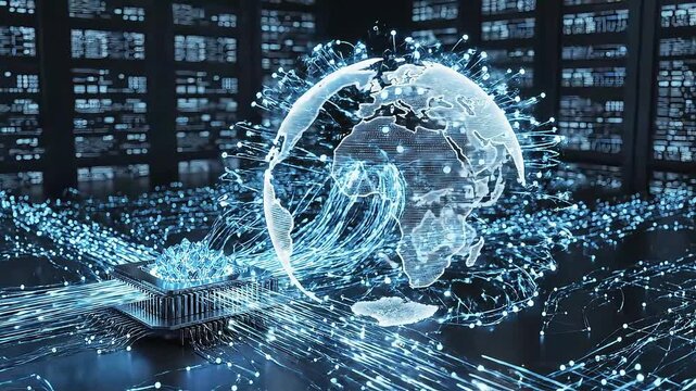 global data network visualization streaming from ai microchip to digital earth hologram in futuristic server room symbolizing cloud computing