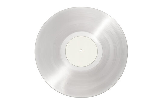 Clear vinyl record with blank white label, reflecting light, transparent plastic music disc for audio playback