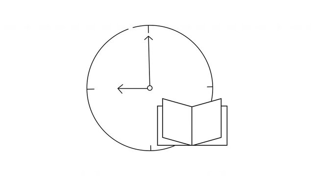 Line drawing of clock at 900 next to an open book