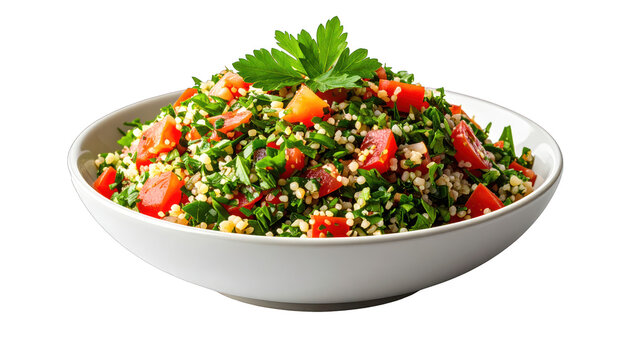 A white bowl presents fresh tabbouleh salad with parsley, tomatoes, and grains