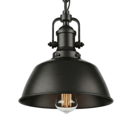 A black pendant light with a metal shade and an exposed bulb.