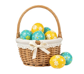 A basket filled with colorful Easter eggs on a png transparent