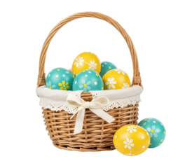 A basket filled with colorful Easter eggs on a png transparent