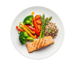 A plate of grilled salmon, vegetables, and quinoa on a white plate.