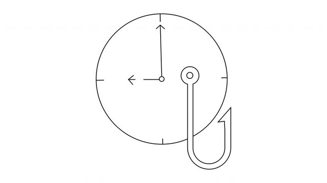 Outline of a clock with hands at 12 and 9 overlaid with a fishhook