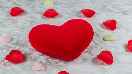 Obraz premium Red Heart Shaped Object Surrounded by Rose Petals on White Background
