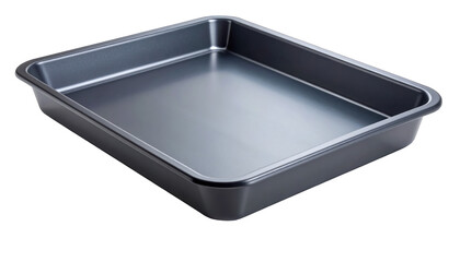 Empty, rectangular baking pan, metallic finish, with smooth, reflective surface