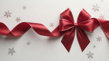 Shiny red satin ribbon bow decoration with silver snowflake accent