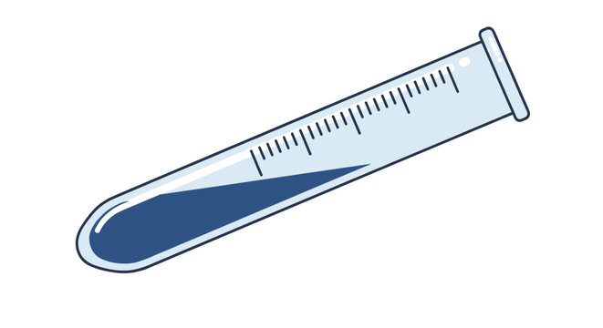 A single glass test tube with measurement markings, containing a small amount of blue liquid, tilted at an angle.