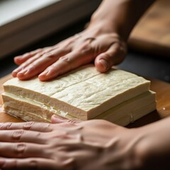 Pressing Firm Tofu Block on Wooden Board to Extract Excess Water