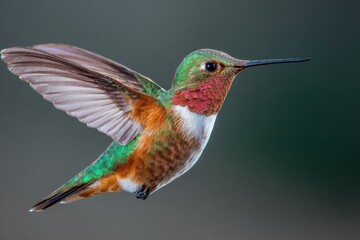 Obraz premium Broadtailed hummingbird hovers gracefully in midair in Colorado's vibrant landscape during the warm spring season