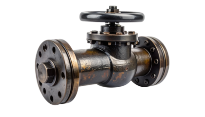 Antique industrial valve with a round handle, metal body, flanges, and bolted connections