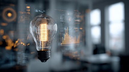 Glowing filament light bulb with tech overlay against blurred, modern office