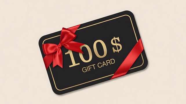Black 100 dollar gift card with red ribbon and bow on light background