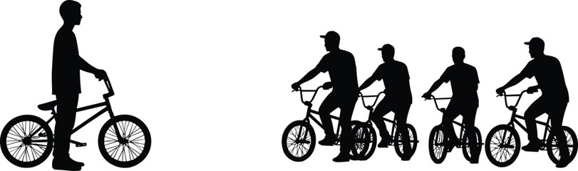 Obraz premium BMX Bicycle Rider Silhouette Set Vector Illustration, Street Bike Sport, Stunt Cycling, Urban Youth Activity, Extreme Action Graphic Design