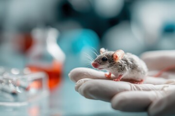 Small experimental mouse being held in gloved hand in laboratory setting among glassware and scientific equipment during research procedures