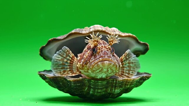 A curious blenny fish peeks out from its shell home on a vibrant green background.