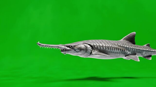 A Longnose Gar Fish Swims in Front of a Green Screen Background.
